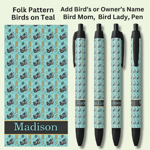 Name, Folk Muster Black Birds auf Aquamarin Green  Kugelschreiber