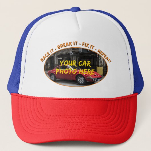 Name, Foto des Autos, Text, RACE IT - BREAGE IT Truckerkappe (Vorderseite)