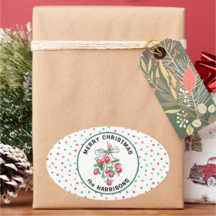 Name, Frohe Weihnachten, Mistletoe Candy Muster Ovaler Aufkleber