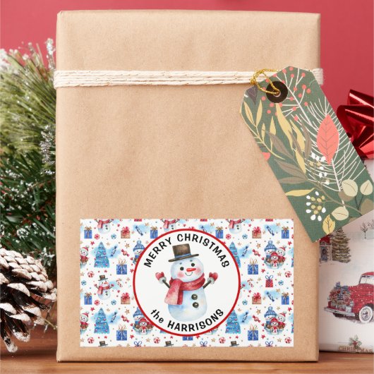 Name, Frohe Weihnachten, Retro Snowman Muster Rechteckiger Aufkleber (Feiertag)