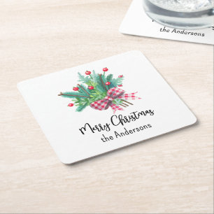 Name, Frohe Weihnachten Rot und Grün Rechteckiger Pappuntersetzer