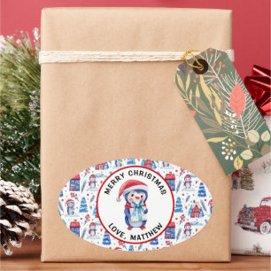 Name, Frohe Weihnachten Süßes Pinguin-Muster Ovaler Aufkleber