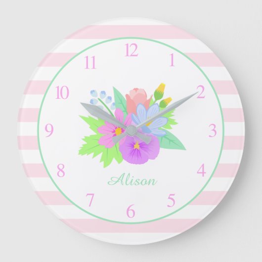 Name Frühlingsblumen Pink Stripes Niedlich Baby Gi Große Wanduhr (Vorderseite)