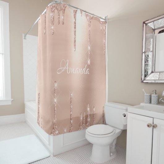 Name Funkelnd Glitzer Tropfen Blush Rose Gold Weiß Duschvorhang (Beispiel)