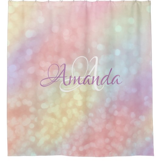 Name Funkelnd Monogram Pink Rose Pastels Unicorn Duschvorhang (Vorderseite)