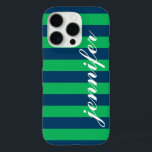 Name für das benutzerdefinierte Skript für grüne u iPhone 16 Pro Hülle<br><div class="desc">Dress up and protect your iphone with a preppy,  modern and fett gestreifte pattern design,  that is custom mit Monogramm with your first name in a Kleinbuchstaben script Schriftart. Dunkle Marine / Indigoblau und kelly grüne horizontale Streifen kontrastiert mit weißem Text.</div>