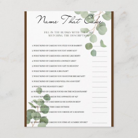 Name für das Brautparty des Kuchens Begleitkarte (Vorderseite)