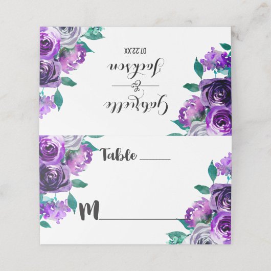 Name für Minze und Lila Tischnummer mit Blumenmust Platzkarte (Außenseite Aufgefaltet)