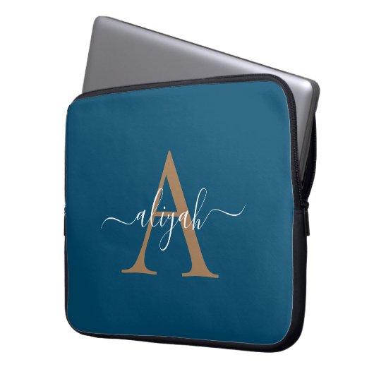 Name für Navy- und Gold-Monogram-Skripte Laptopschutzhülle (Vorderseite Links)