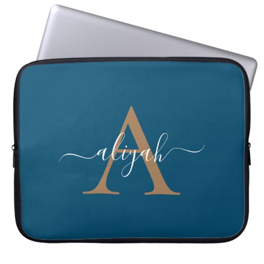 Name für Navy- und Gold-Monogram-Skripte Laptopschutzhülle (Vorderseite)
