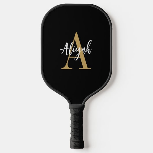 Name für Schwarz-Gold-Monogramm-Skripte Pickleball Schläger (Vorderseite)