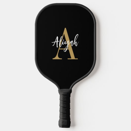 Name für Schwarz-Gold-Monogramm-Skripte Pickleball Schläger (Rückseite)
