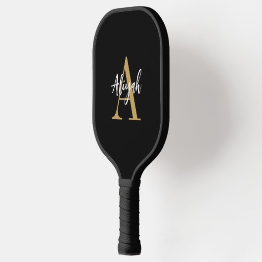 Name für Schwarz-Gold-Monogramm-Skripte Pickleball Schläger (Links)