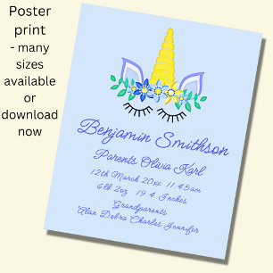 Name Geburtsdetails hinzufügen, Einhorn-Augen-blau Poster