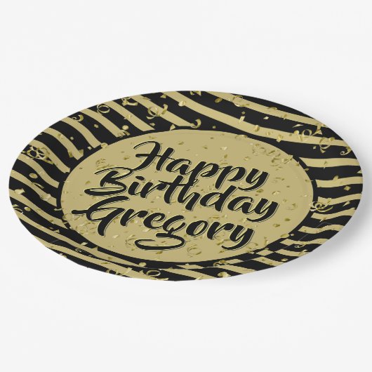 Name | Gerne Birthday Einfache Streifen Schwarz/Go Pappteller (Schrägansicht)