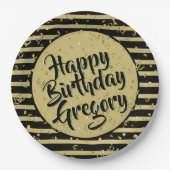 Name | Gerne Birthday Einfache Streifen Schwarz/Go Pappteller (Vorderseite)