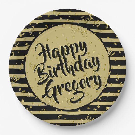 Name | Gerne Birthday Einfache Streifen Schwarz/Go Pappteller (Vorderseite)