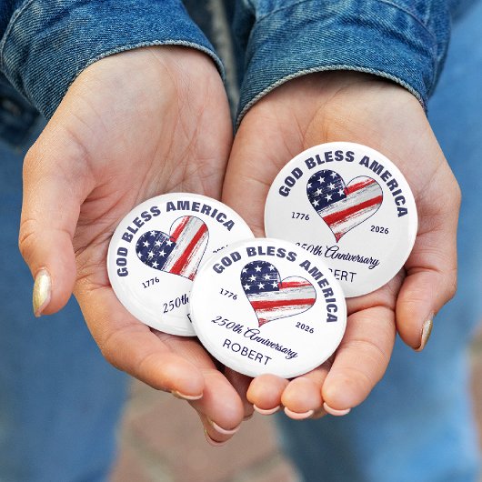 Name, God Bless America Heart Flag 2.25-in Round Button