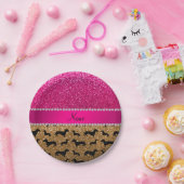 Name Gold Glitzer Dackel Rosa Glitzer Pappteller (Party)