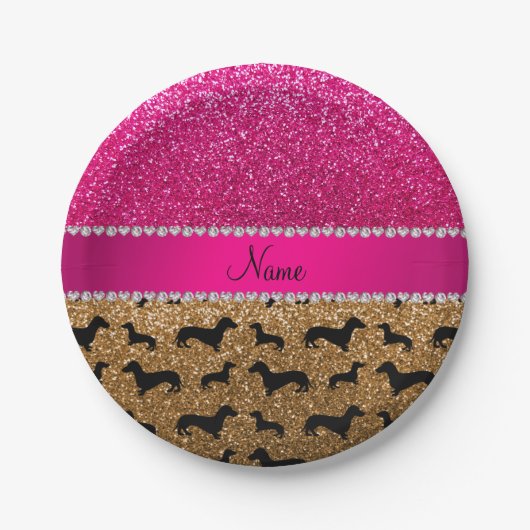 Name Gold Glitzer Dackel Rosa Glitzer Pappteller (Vorderseite)