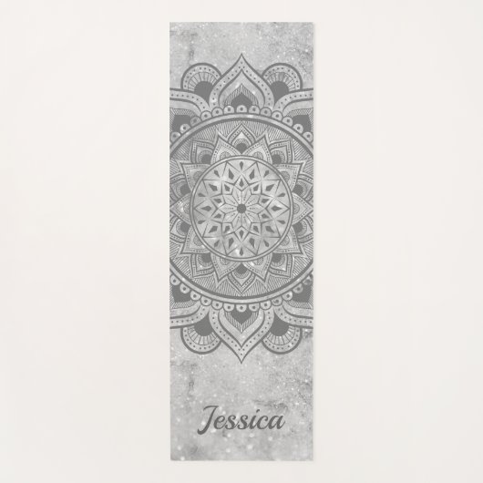 Name Grauer Glitzer Marble Mandala Om Übung Yogamatte (Vorderseite)