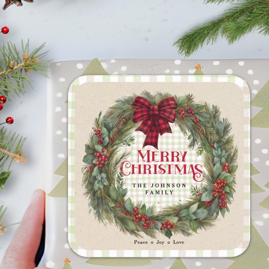 Name Green Gingham Fun Bauernhof Weihnachtsfeier Quadratischer Aufkleber