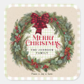 Name Green Gingham Fun Bauernhof Weihnachtsfeier Quadratischer Aufkleber (Vorderseite)