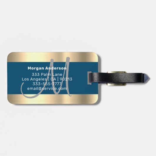 Name & große Monogramm, Blue Ocean Blue Gold Grau Gepäckanhänger (Rückseite horizontal)