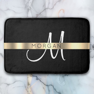 Name & große Monogramm, weißes schwarzes Gold Badematte