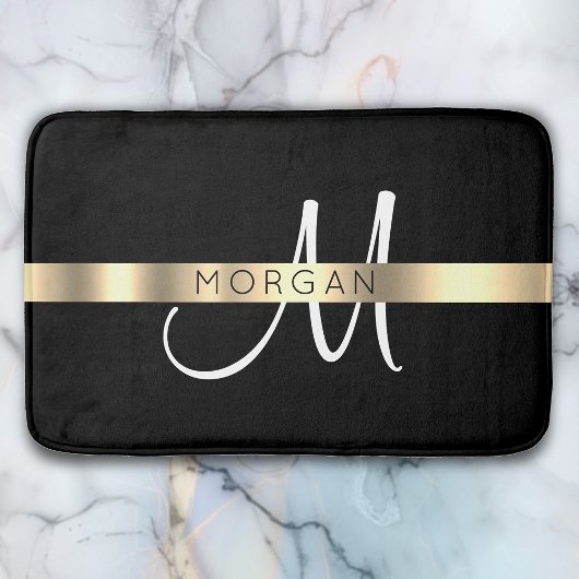 Name & große Monogramm, weißes schwarzes Gold Badematte