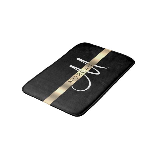Name & große Monogramm, weißes schwarzes Gold Badematte (Schrägansicht)