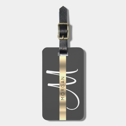 Name & große Monogramm, weißes schwarzes Gold dunk Gepäckanhänger (Vorderseite vertikal)