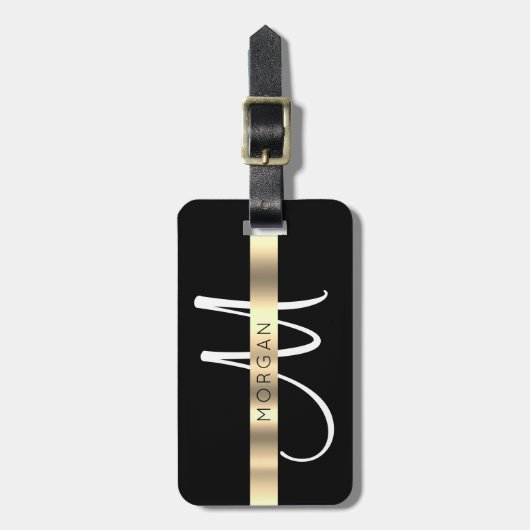 Name & große Monogramm, weißes schwarzes Gold Gepäckanhänger (Vorderseite vertikal)