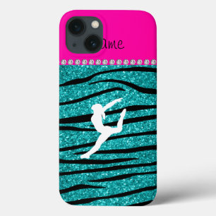 Name Gymnast Türkis Glitzer zebra Streifen iPhone 13 Hülle