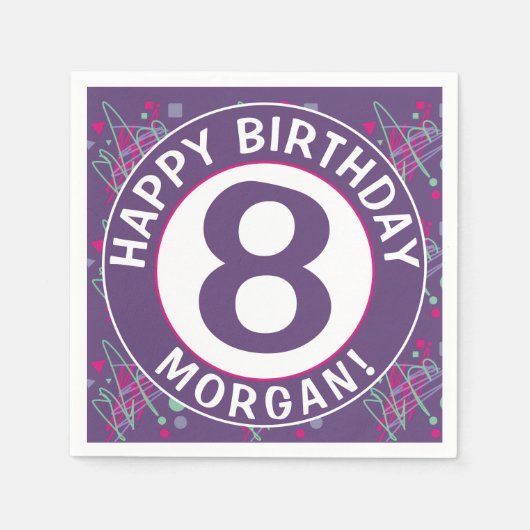 Name Happy Birthday Age Lila Aquamarine rosa Forme Serviette (Vorderseite)