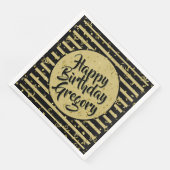 Name Happy Birthday Black/Gold Streifen Muster Serviette (Ecke)