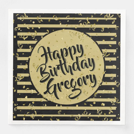 Name Happy Birthday Black/Gold Streifen Muster Serviette (Vorderseite)