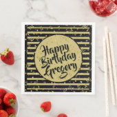 Name Happy Birthday Black/Gold Streifen Muster Serviette (Beispiel)