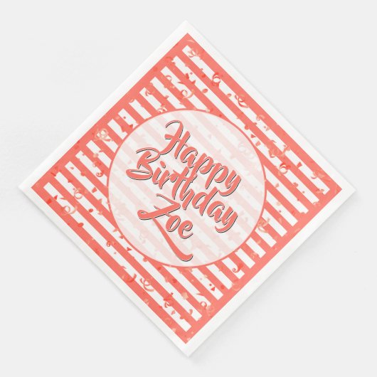Name Happy Birthday Coral Simple Stripes Muster Serviette (Ecke)