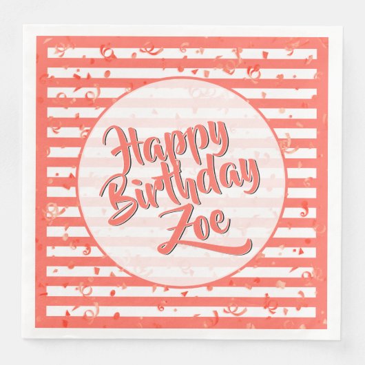 Name Happy Birthday Coral Simple Stripes Muster Serviette (Vorderseite)