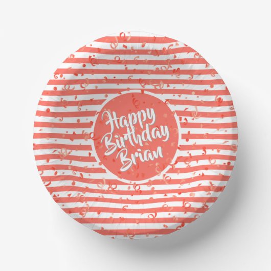 Name | Happy Birthday Coral Simple Stripes Pattern Pappteller (Vorderseite)