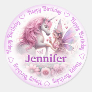Name Happy Birthday Fairy & Unicorn hinzufügen Runder Aufkleber