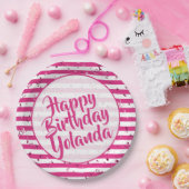 Name Happy Birthday Fuchsia Simple Stripes Pattern Pappteller (Party)