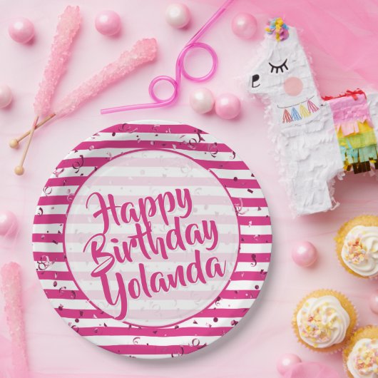 Name Happy Birthday Fuchsia Simple Stripes Pattern Pappteller (Party)