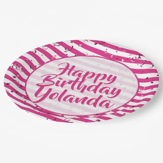 Name Happy Birthday Fuchsia Simple Stripes Pattern Pappteller (Schrägansicht)
