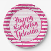 Name Happy Birthday Fuchsia Simple Stripes Pattern Pappteller (Vorderseite)