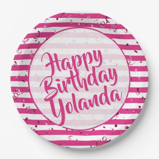 Name Happy Birthday Fuchsia Simple Stripes Pattern Pappteller (Vorderseite)
