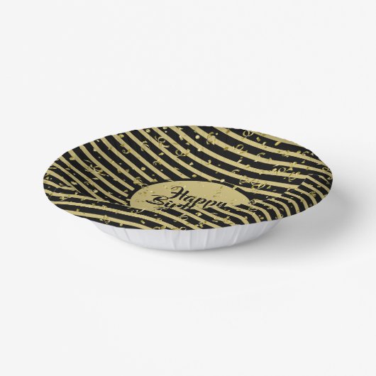 Name | Happy Birthday Gold/White Simple Stripes Pappteller (Gewinkelt)