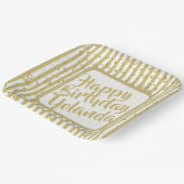 Name Happy Birthday Gold White Stripes Muster Pappteller (Gewinkelt)