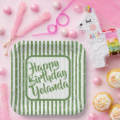 Name Happy Birthday Green Simple Stripes Muster Pappteller (Party)